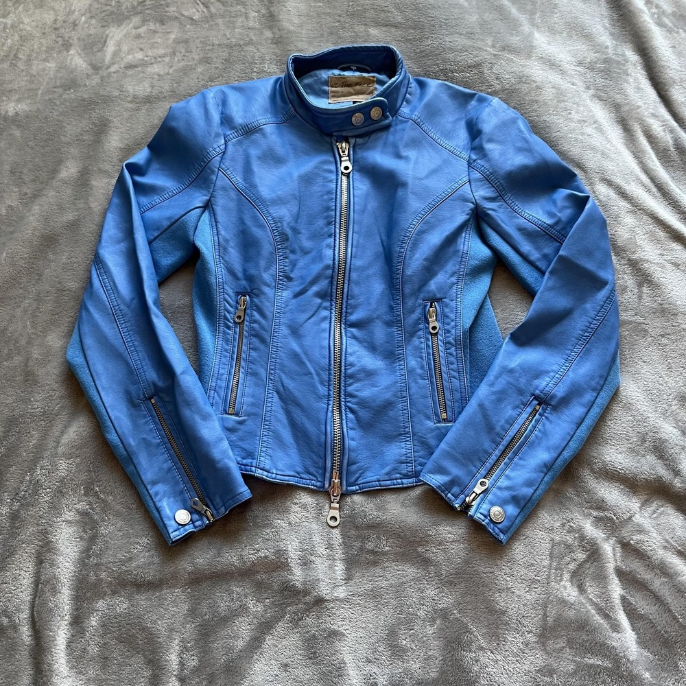 We The Free Jacket Womens Extra Small Blue Moto Faux Leather Zip Pockets‎ Biker